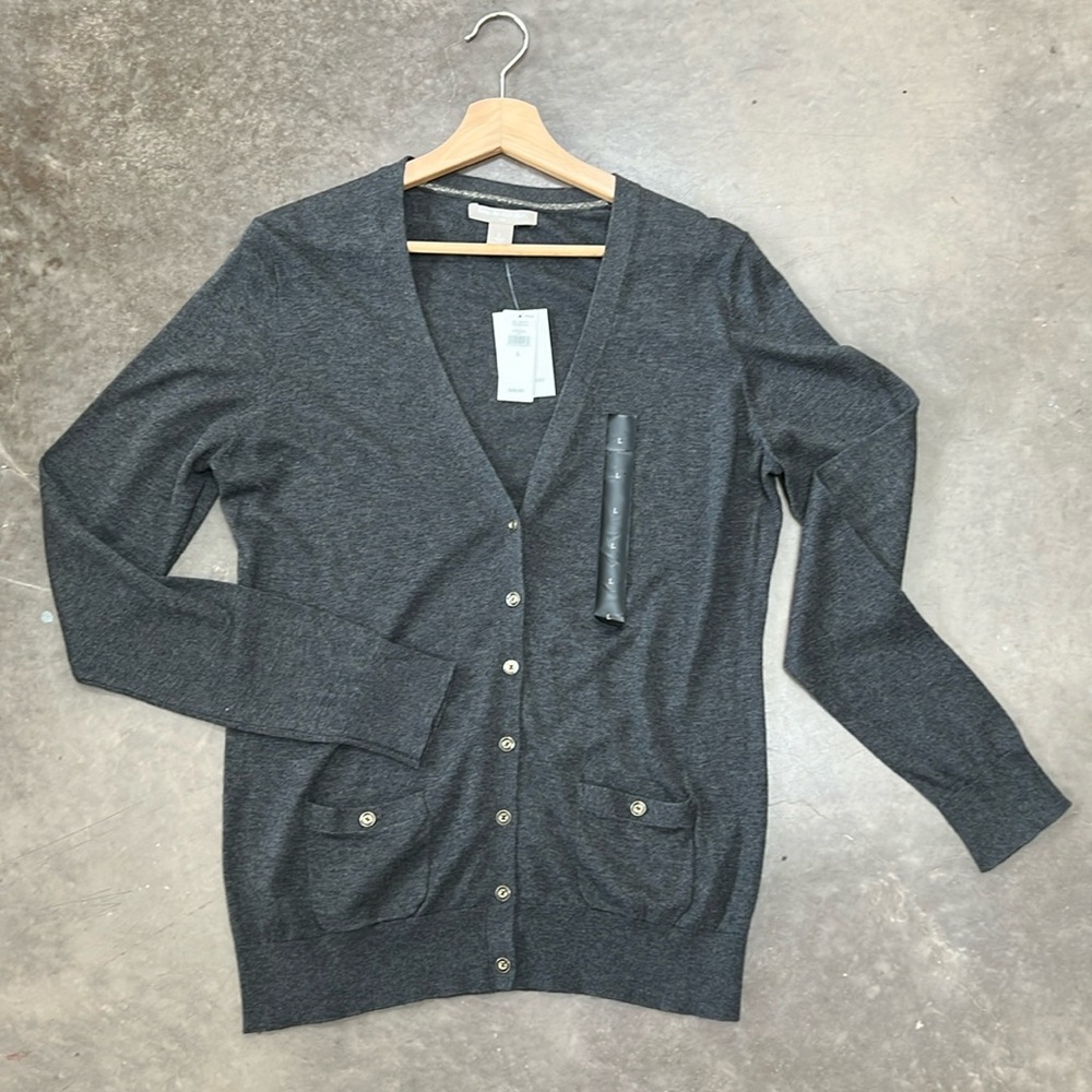 Banana Republic Large charcoal gray knit long line button down cardigan NEW